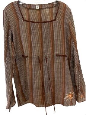 Prana Brown Striped Boho Peasant Top Embroidered Tie Front L